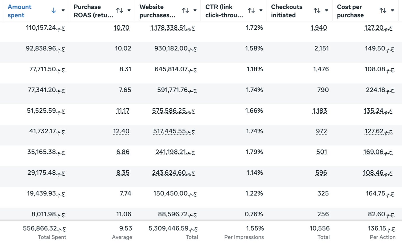 Meta Ads Manager — 9.53x avg ROAS across accounts